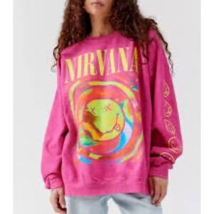 NIRVANA Crewneck Sweatshirt Women S/M Smiley Face Pink Yellow Graphic Grunge